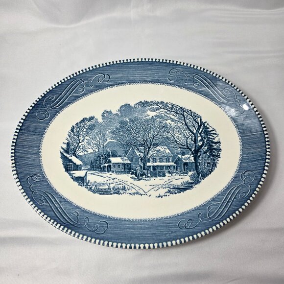 Royal USA Currier & Ives Blue Oval Platter Old Inn in the Winter 13 Inches - Picture 1 of 16
